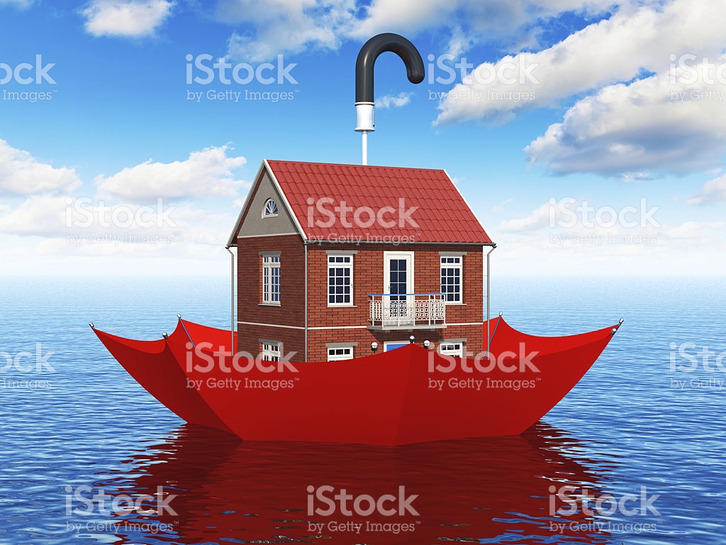 cartoon-of-a-house-inside-an-umbrella-floating-in-the-sea-picture-id179641967