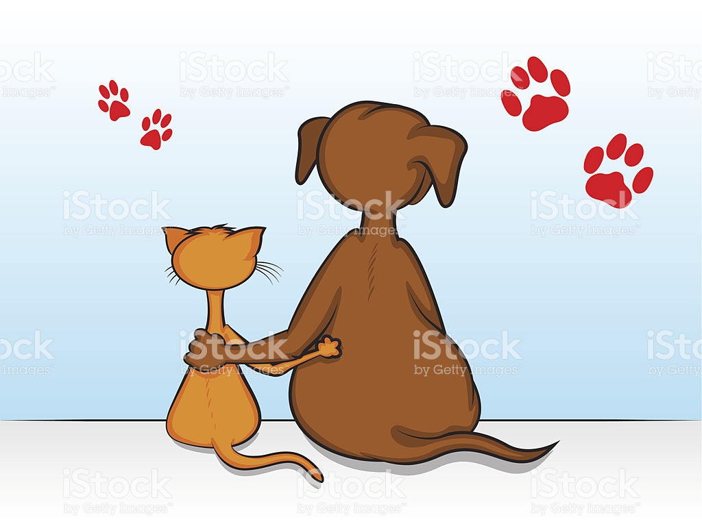 cartoon-showing-dog-and-cat-with-arms-around-each-other-vector-id187841875